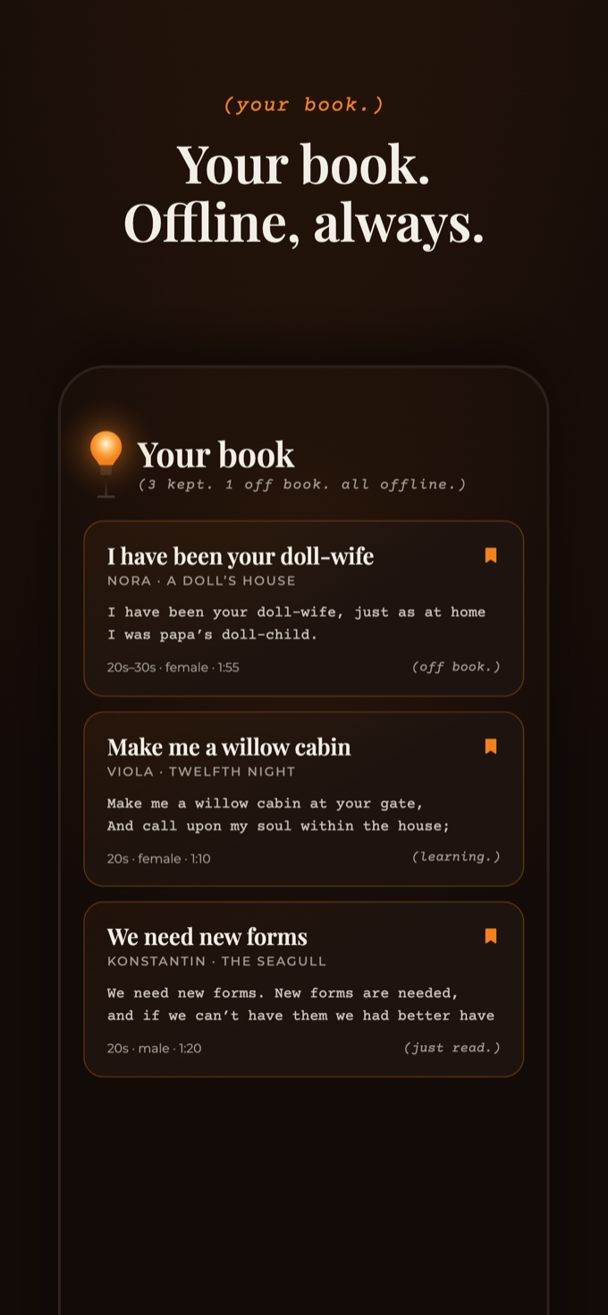 Ghost Light saved pieces: your book, offline, with off-book progress